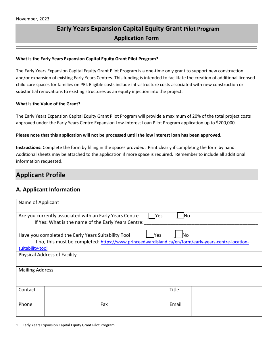 Early Years Expansion Capital Equity Grant Pilot Program Application Form - Prince Edward Island, Canada, Page 1
