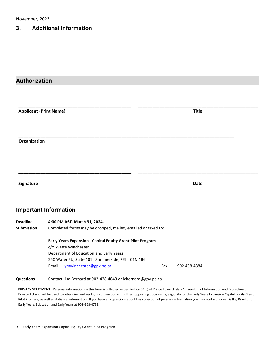 Early Years Expansion Capital Equity Grant Pilot Program Application Form - Prince Edward Island, Canada, Page 3