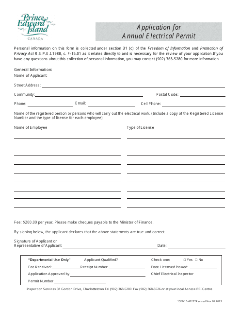 Form 15EN15-42257 Application for Annual Electrical Permit - Prince Edward Island, Canada