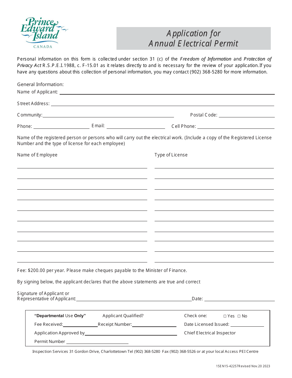 Form 15EN15-42257 Application for Annual Electrical Permit - Prince Edward Island, Canada, Page 1