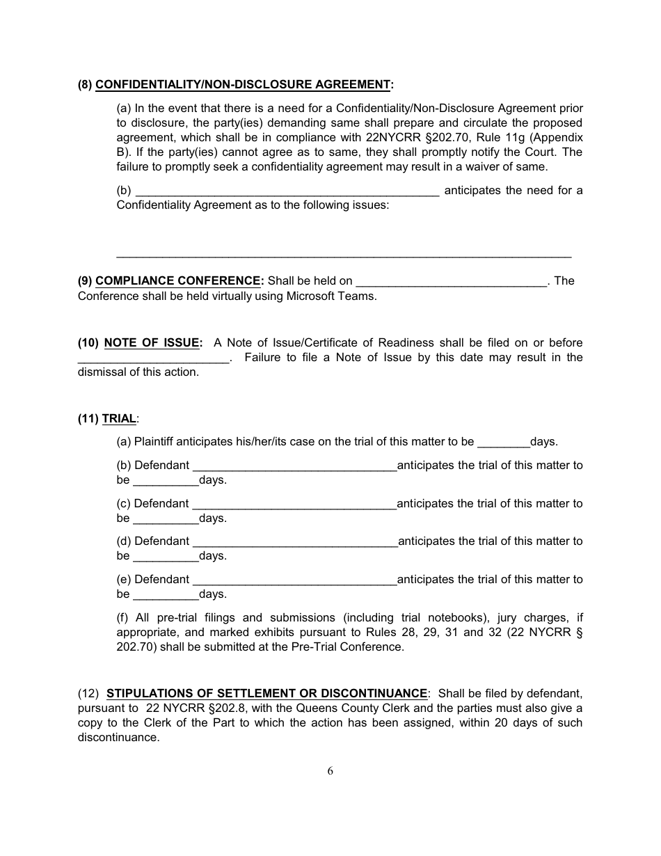 Preliminary Conference Order - Commercial Division - Queens County, New York, Page 6