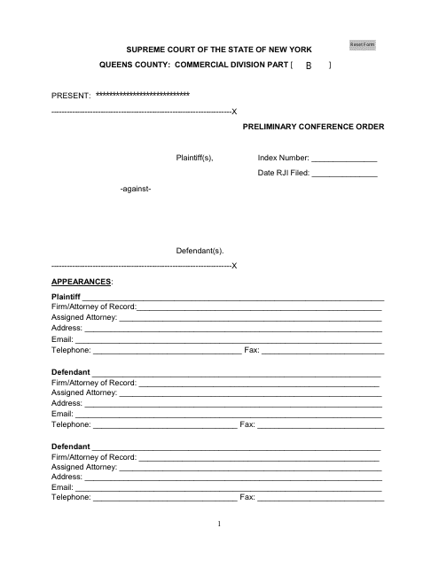 Preliminary Conference Order - Commercial Division - Queens County, New York Download Pdf