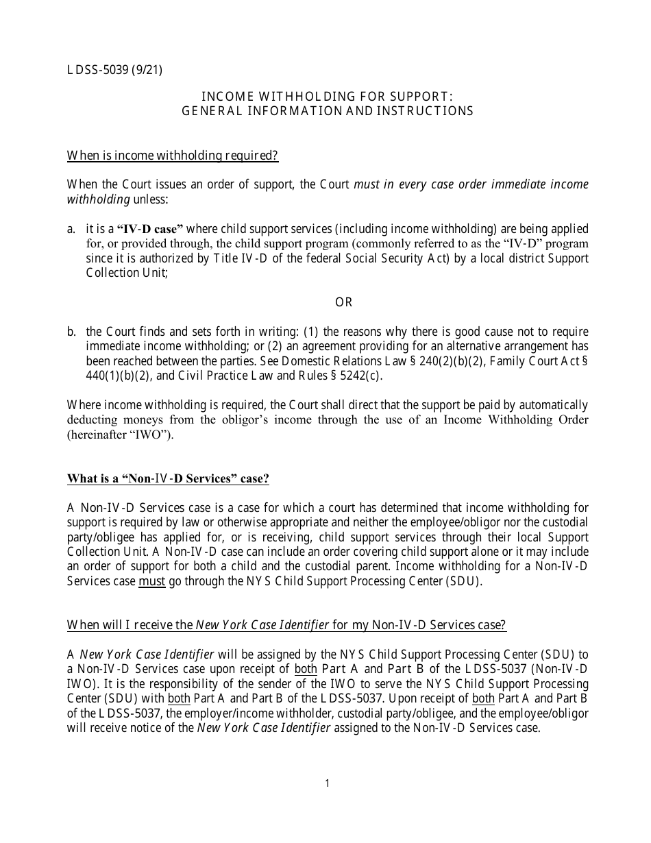 Instructions for Form LDSS-5037, LDSS-5038 Income Withholding for Support - New York, Page 1