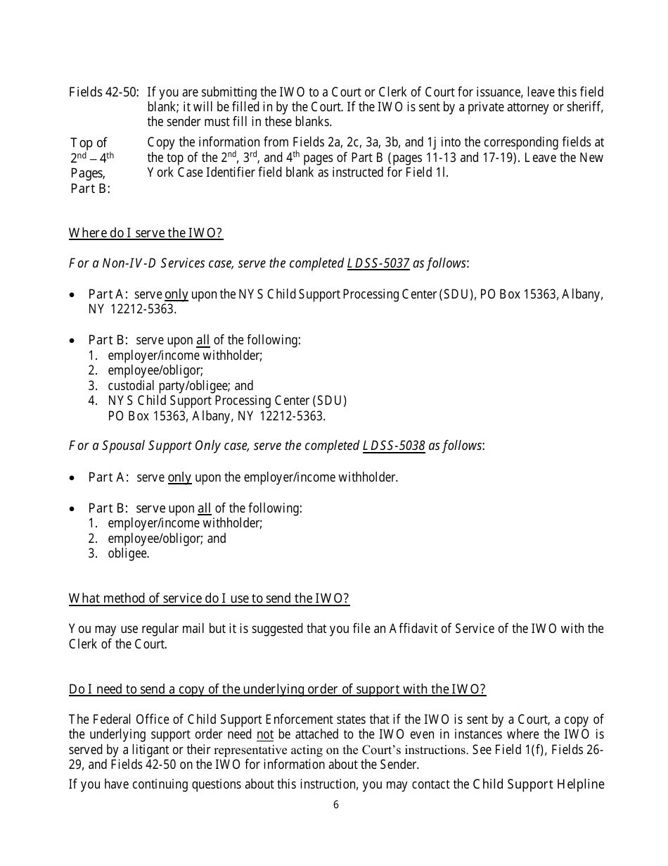 Instructions for Form LDSS-5037, LDSS-5038 Income Withholding for Support - New York, Page 6