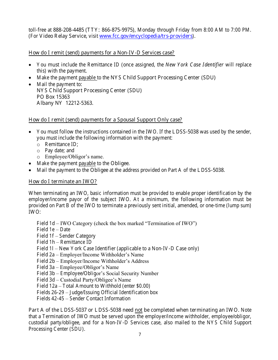 Instructions for Form LDSS-5037, LDSS-5038 Income Withholding for Support - New York, Page 7