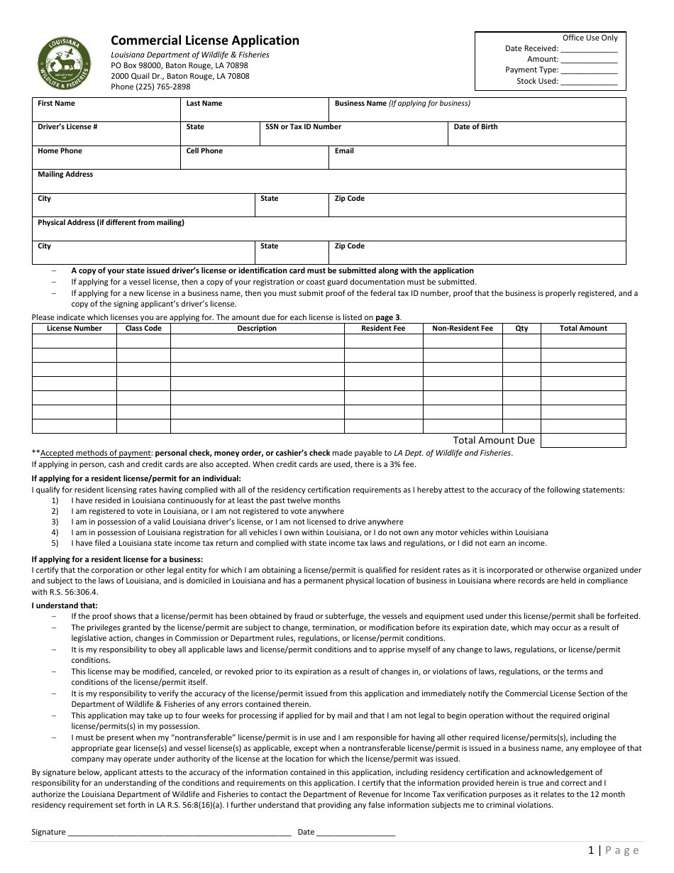 Commercial License Application - Louisiana, Page 1
