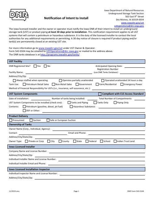 DNR Form 542-0104 Notification of Intent to Install - Iowa