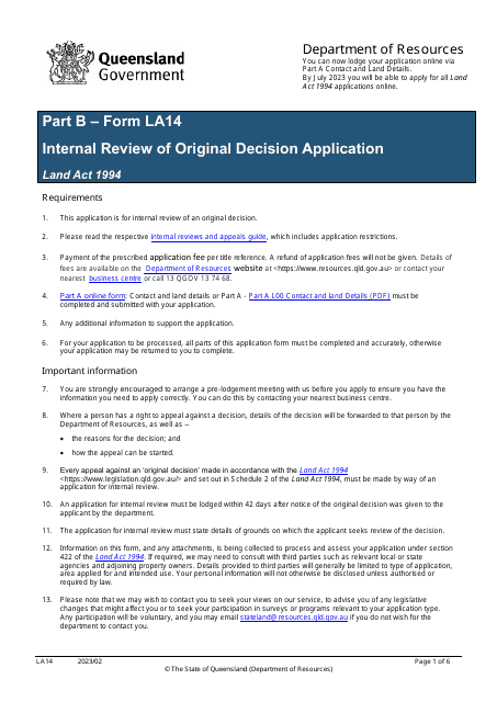 Form LA14 Part B Internal Review of Original Decision Application - Queensland, Australia
