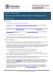 Document preview: Form LA12 Part B Allocate or Purchase a Reservation in Title Application - Queensland, Australia