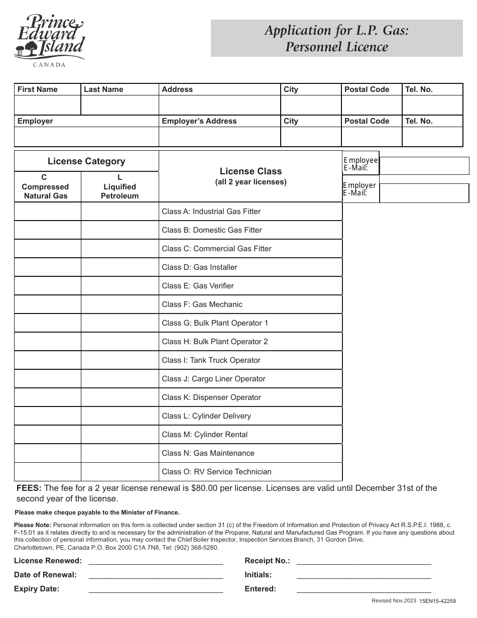 Form 15EN15-42259 Application for L.p. Gas: Personnel Licence - Prince Edward Island, Canada, Page 1