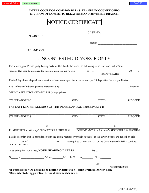 Form eDR8350 Uncontested Divorce Hearing Notice - Franklin County, Ohio