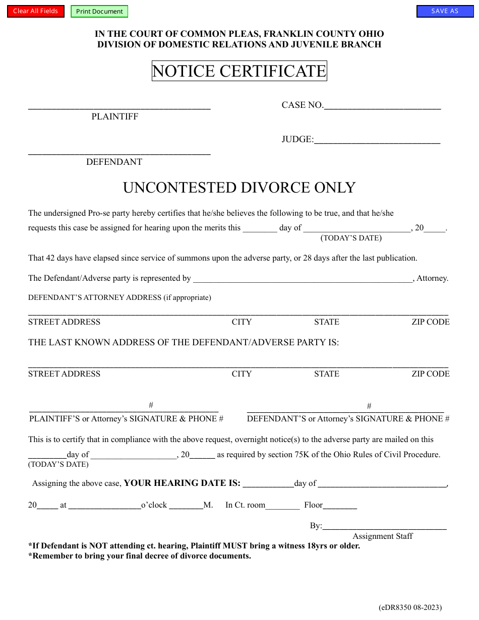Form eDR8350 Uncontested Divorce Hearing Notice - Franklin County, Ohio, Page 1