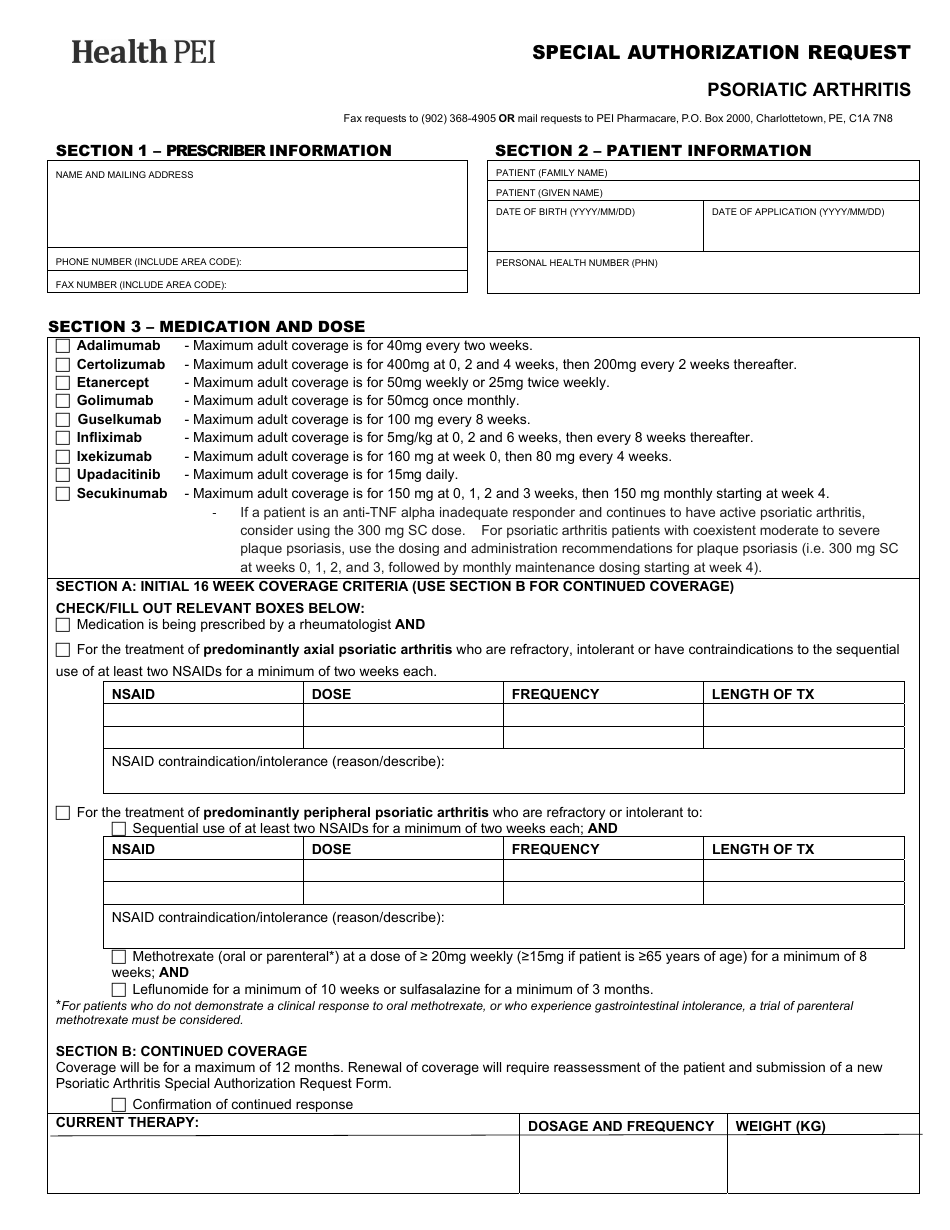 Special Authorization Request - Psoriatic Arthritis - Prince Edward Island, Canada, Page 1