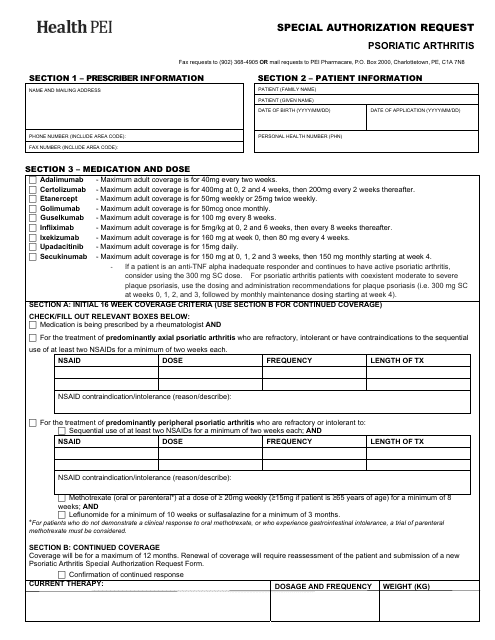 Special Authorization Request - Psoriatic Arthritis - Prince Edward Island, Canada