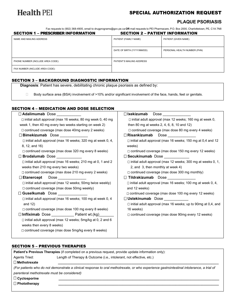Special Authorization Request - Plaque Psoriasis - Prince Edward Island, Canada, Page 1
