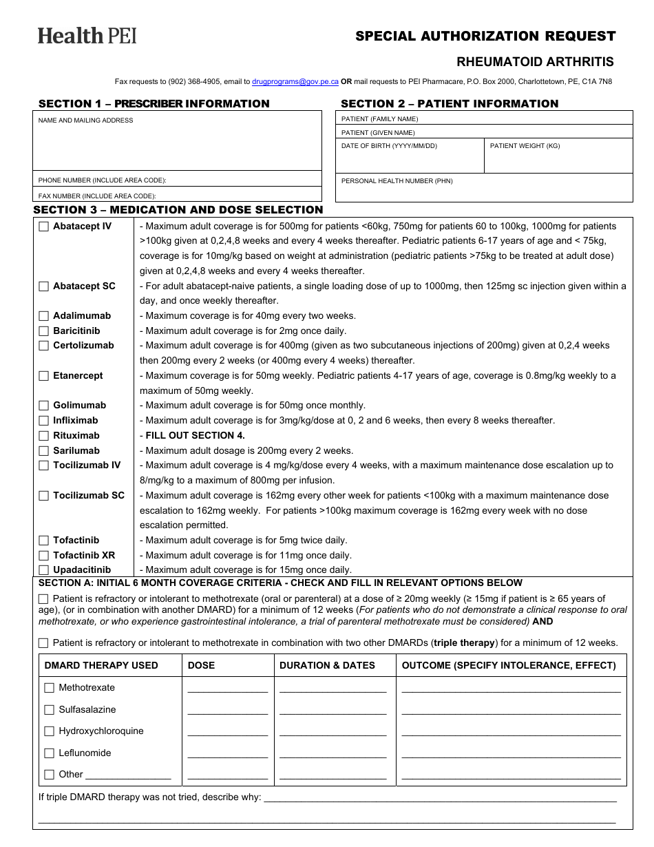 Special Authorization Request - Rheumatoid Arthritis - Prince Edward Island, Canada, Page 1