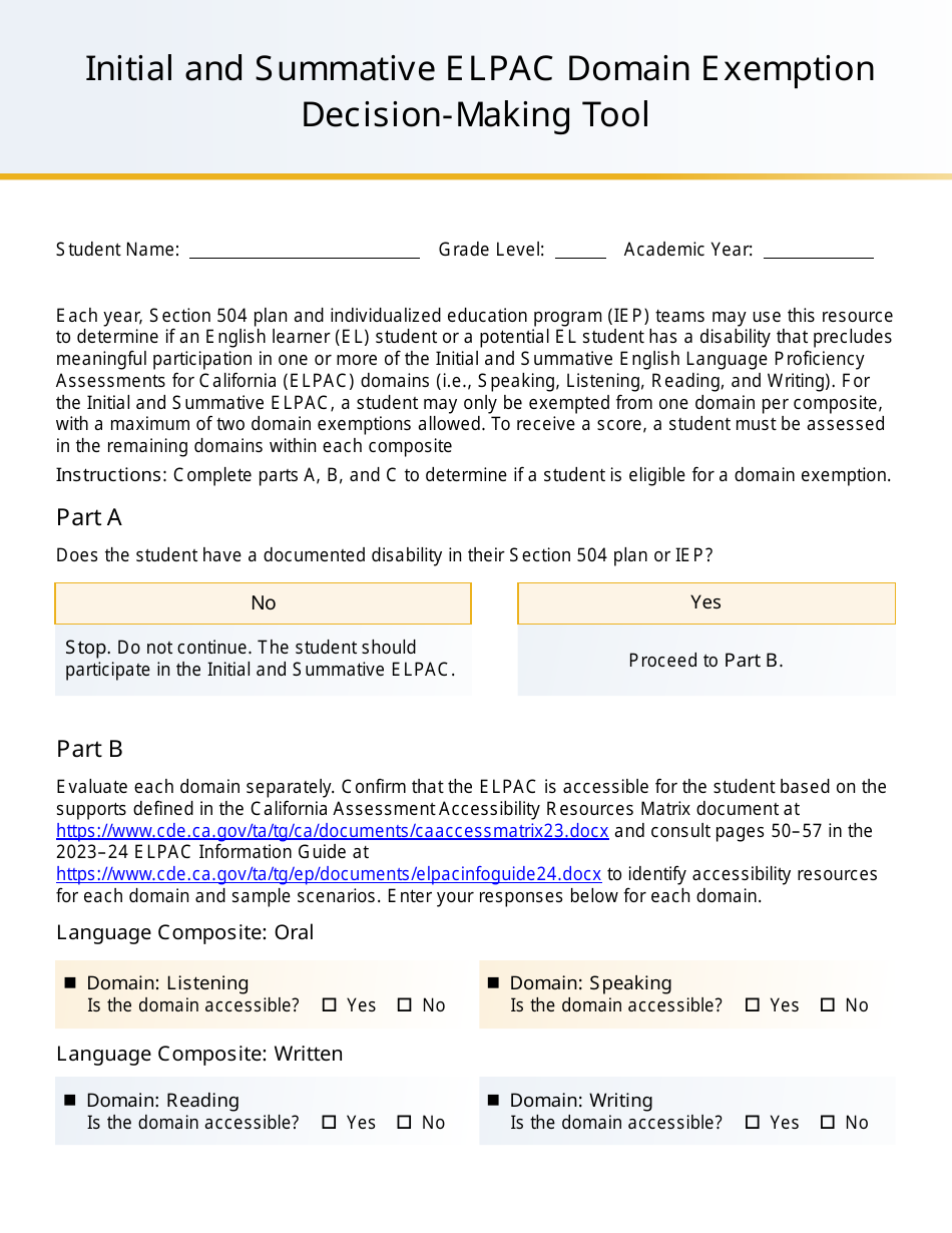 Initial and Summative Elpac Domain Exemption Decision-Making Tool - California, Page 1