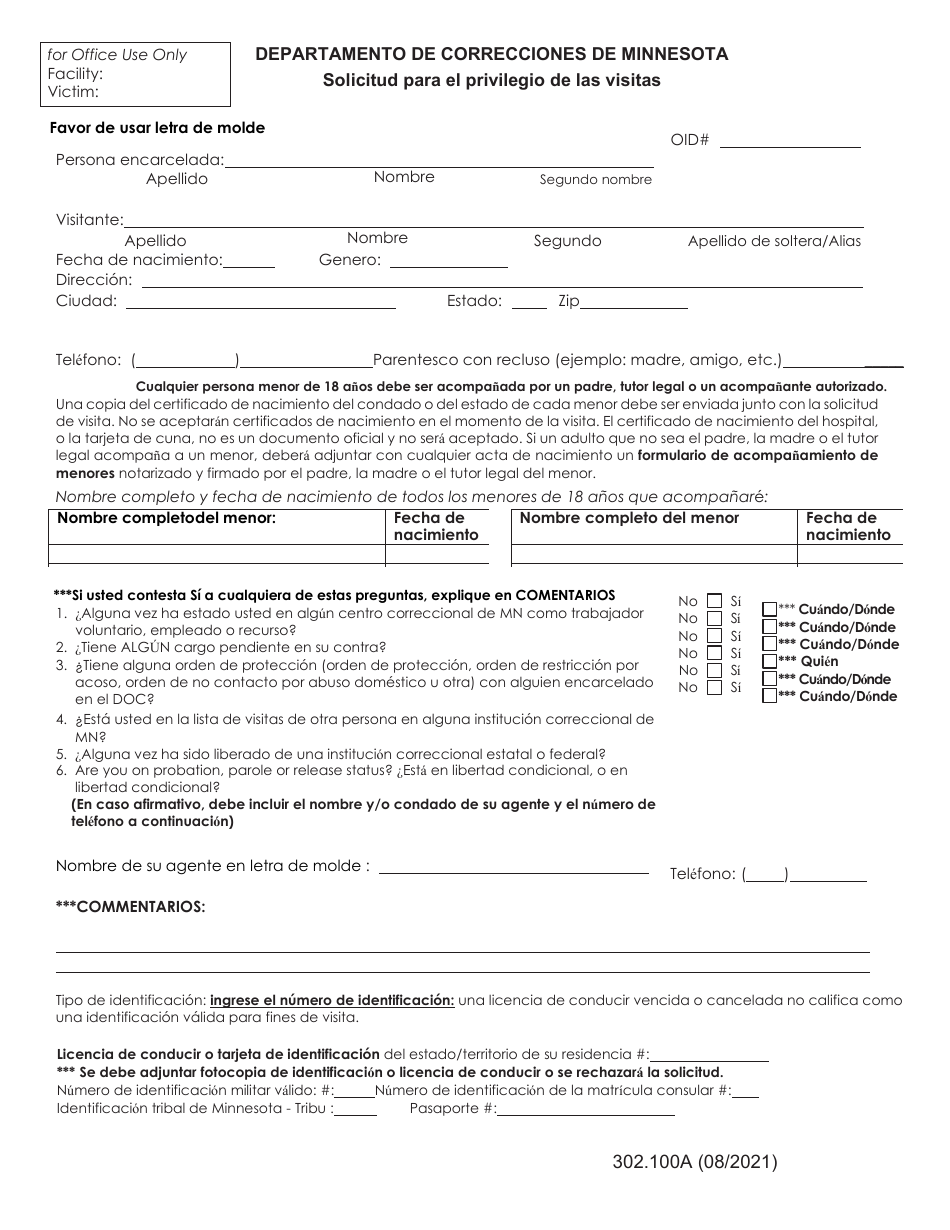 Formulario 302.100A Solicitud Para El Privilegio De Las Visitas - Minnesota (Spanish), Page 3