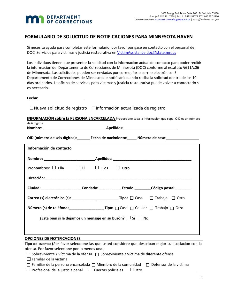 Formulario De Solucitud De Notificaciones Para Minnesota Haven - Minnesota (Spanish), Page 1