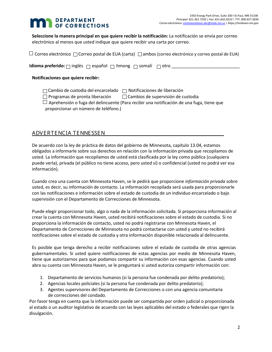 Formulario De Solucitud De Notificaciones Para Minnesota Haven - Minnesota (Spanish), Page 2