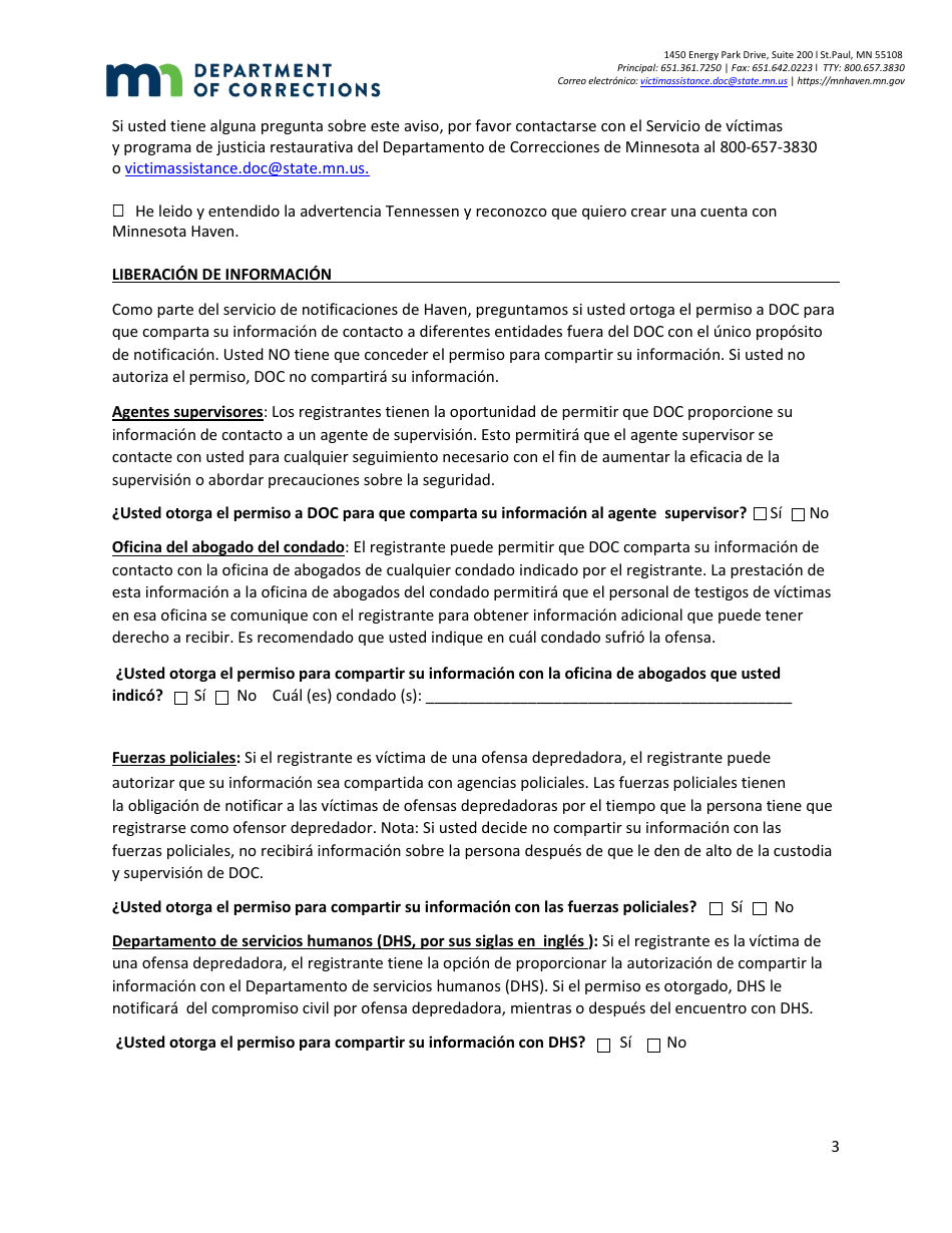 Formulario De Solucitud De Notificaciones Para Minnesota Haven - Minnesota (Spanish), Page 3