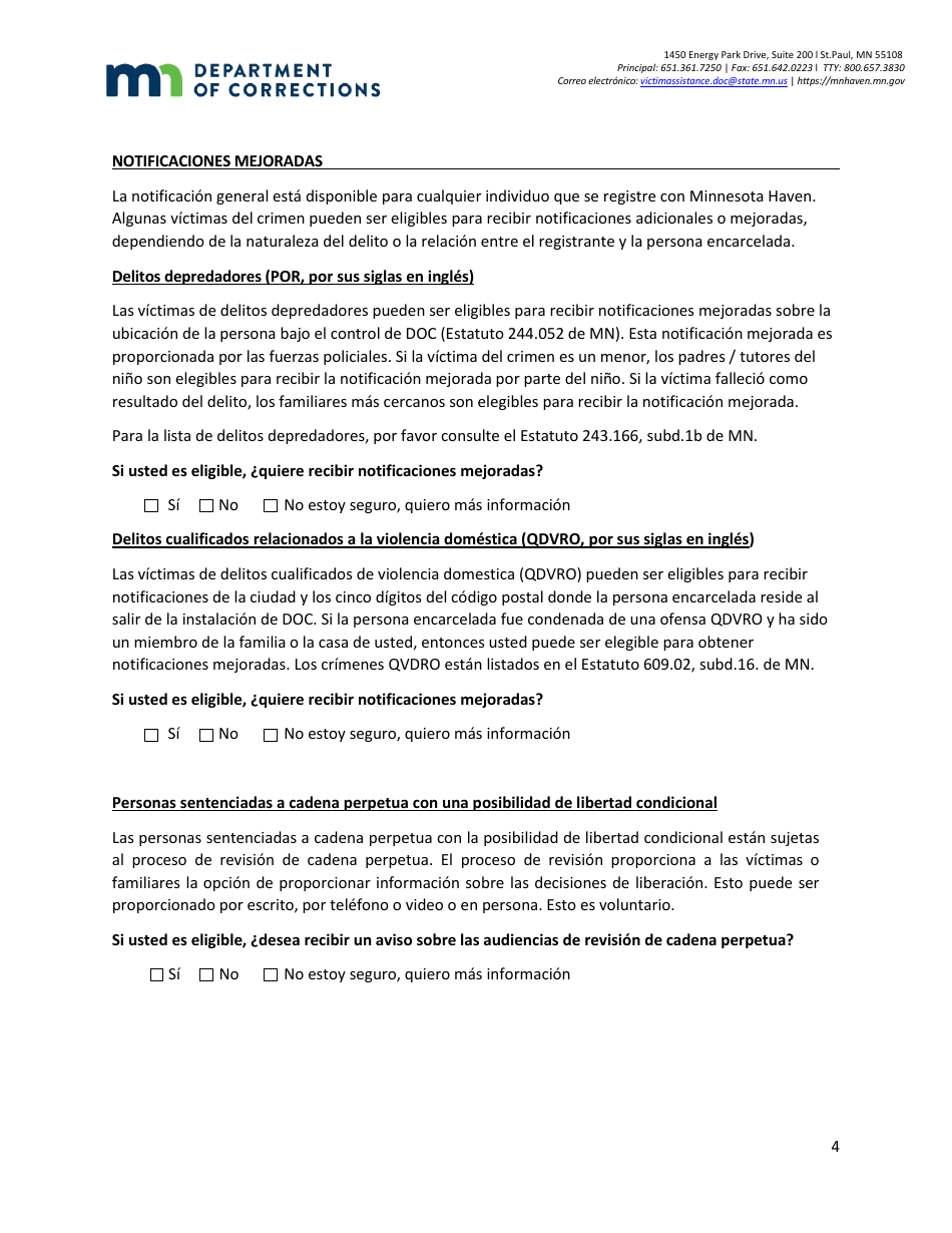 Formulario De Solucitud De Notificaciones Para Minnesota Haven - Minnesota (Spanish), Page 4