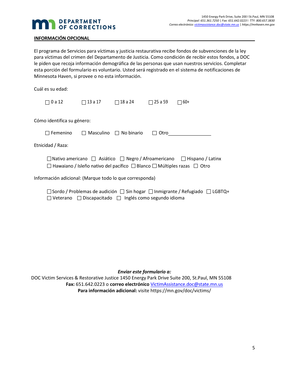 Formulario De Solucitud De Notificaciones Para Minnesota Haven - Minnesota (Spanish), Page 5