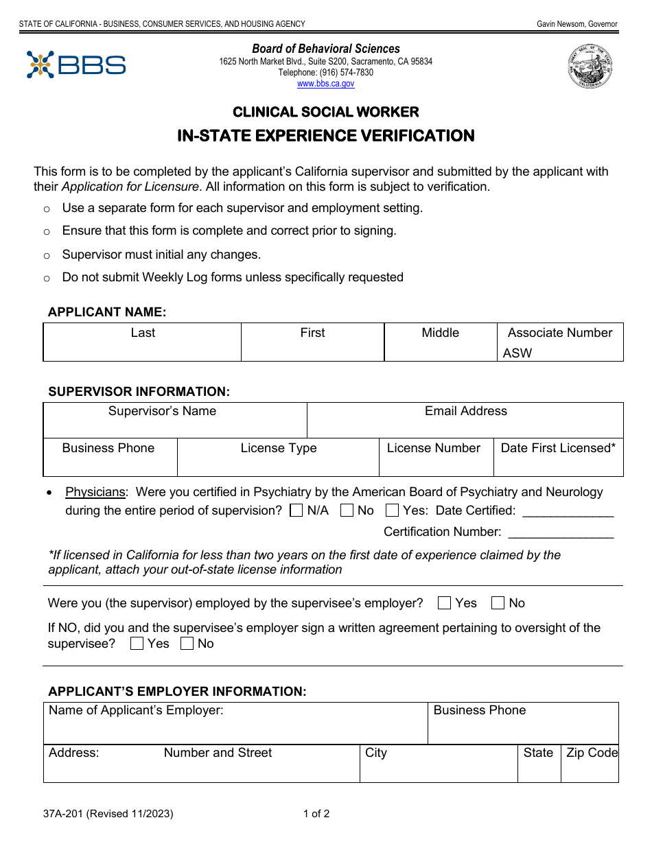 Form 37A-201 Clinical Social Worker in-State Experience Verification - California, Page 1