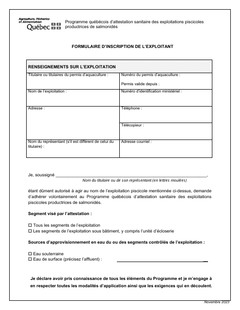 Formulaire D'inscription De L'exploitant - Programme Quebecois D'attestation Sanitaire DES Exploitations Piscicoles Productrices De Salmonides - Quebec, Canada (French)