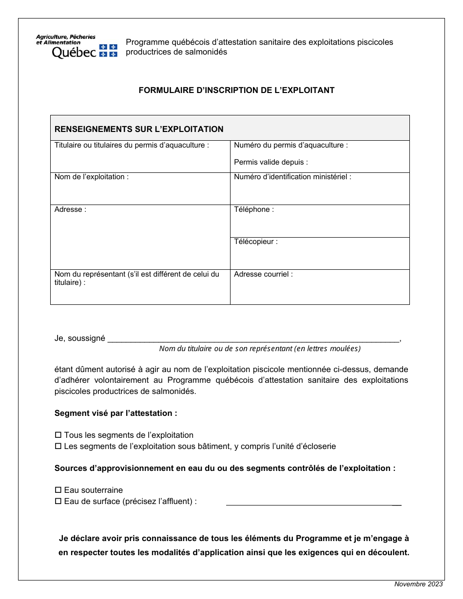 Quebec Canada Formulaire Dinscription De Lexploitant Programme Quebecois Dattestation 