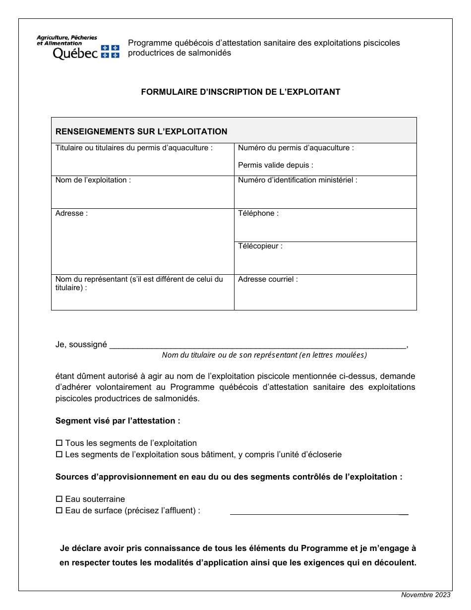 Formulaire Dinscription De Lexploitant - Programme Quebecois Dattestation Sanitaire DES Exploitations Piscicoles Productrices De Salmonides - Quebec, Canada (French), Page 1
