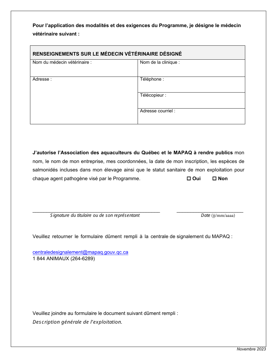 Formulaire Dinscription De Lexploitant - Programme Quebecois Dattestation Sanitaire DES Exploitations Piscicoles Productrices De Salmonides - Quebec, Canada (French), Page 2