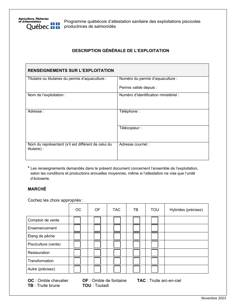 Description Generale De Lexploitation - Programme Quebecois Dattestation Sanitaire DES Exploitations Piscicoles Productrices De Salmonides - Quebec, Canada (French), Page 1
