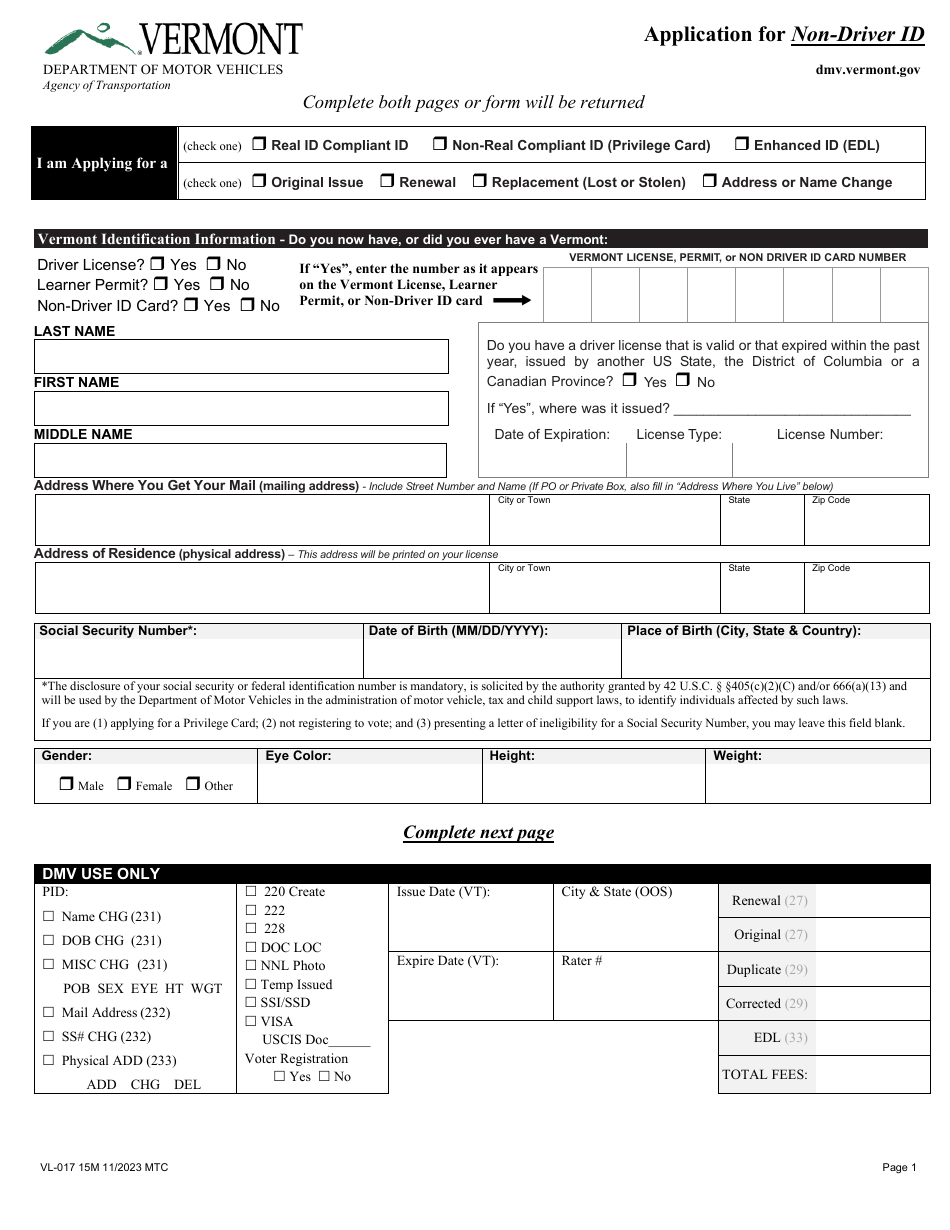 Form VL-017 Application for Non-driver Id - Vermont, Page 1