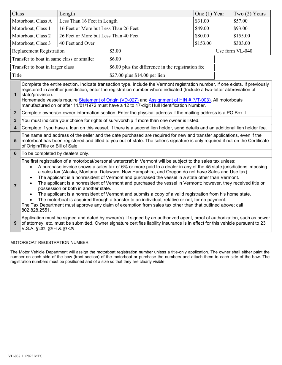 Form VD-037 Application for Motorboat Registration - Vermont, Page 2