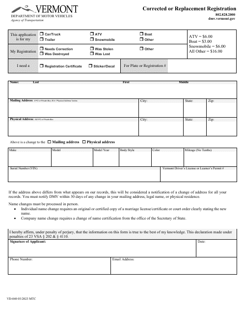 Form VD-040  Printable Pdf