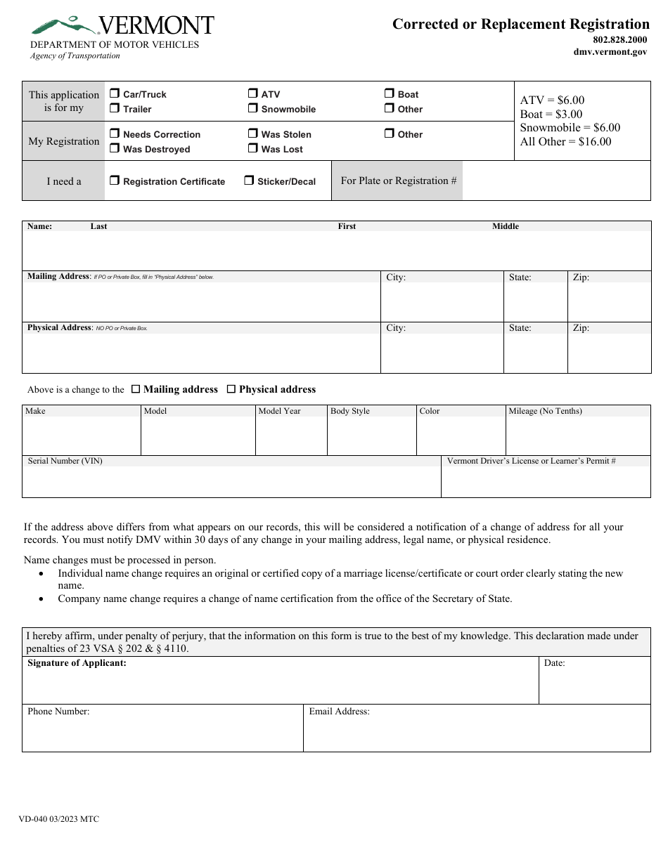 Form VD-040 Download Fillable PDF or Fill Online Corrected or ...