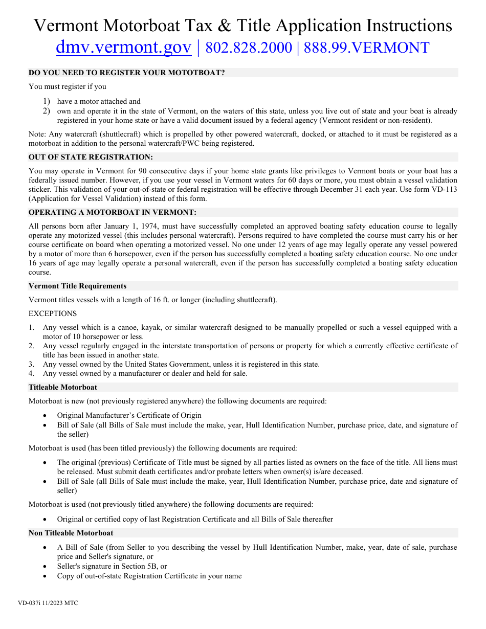 Instructions for Form VD-037 Application for Motorboat Registration - Vermont, Page 1