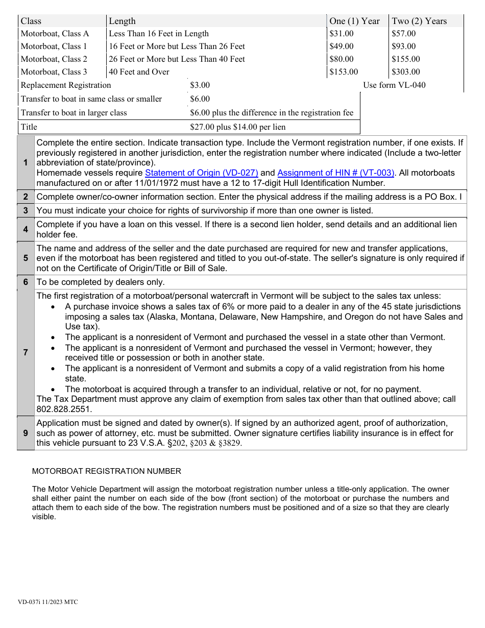 Instructions for Form VD-037 Application for Motorboat Registration - Vermont, Page 2
