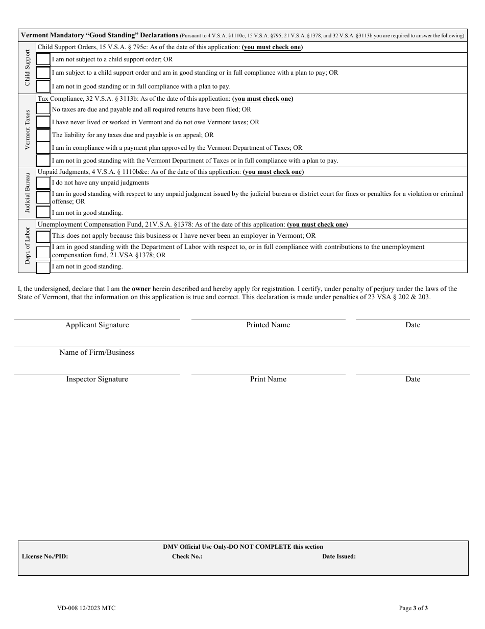 Form VD-008 Application for Dealer Registration - Vermont, Page 3