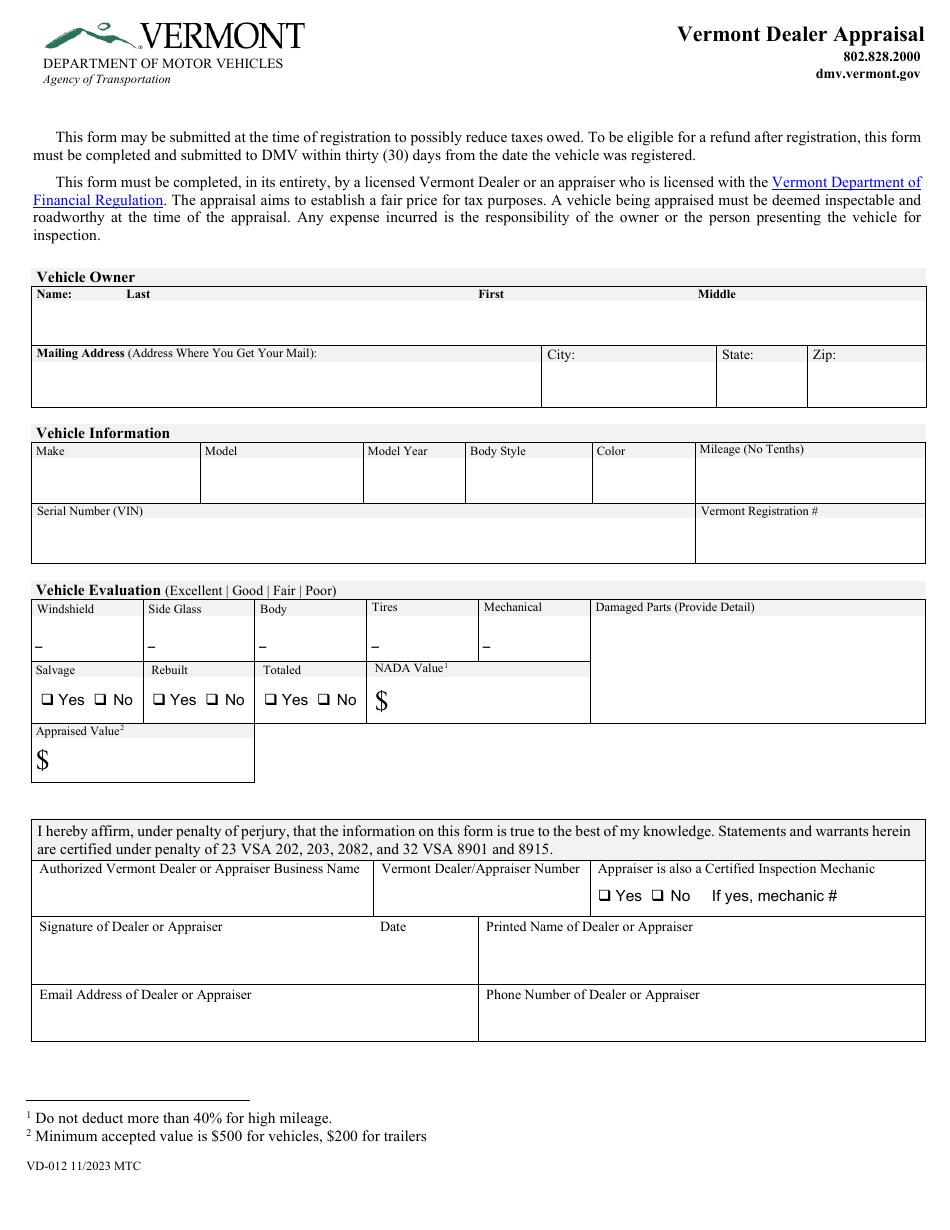 Form VD-012 Vermont Dealer Appraisal - Vermont, Page 1