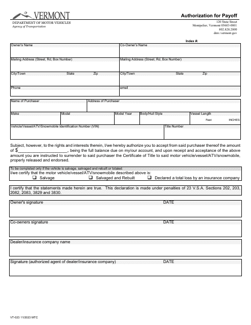 Form VT-023 Authorization for Payoff - Vermont