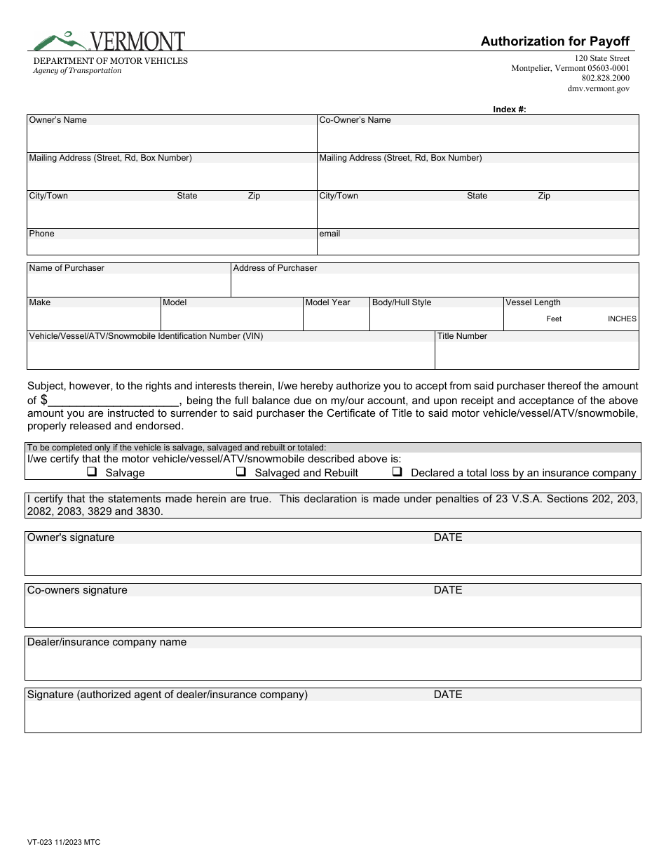 Form VT-023 Authorization for Payoff - Vermont, Page 1