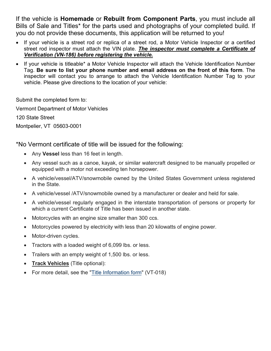 Form VT-003 Application for Assignment of Vin / Hin - Vermont, Page 2