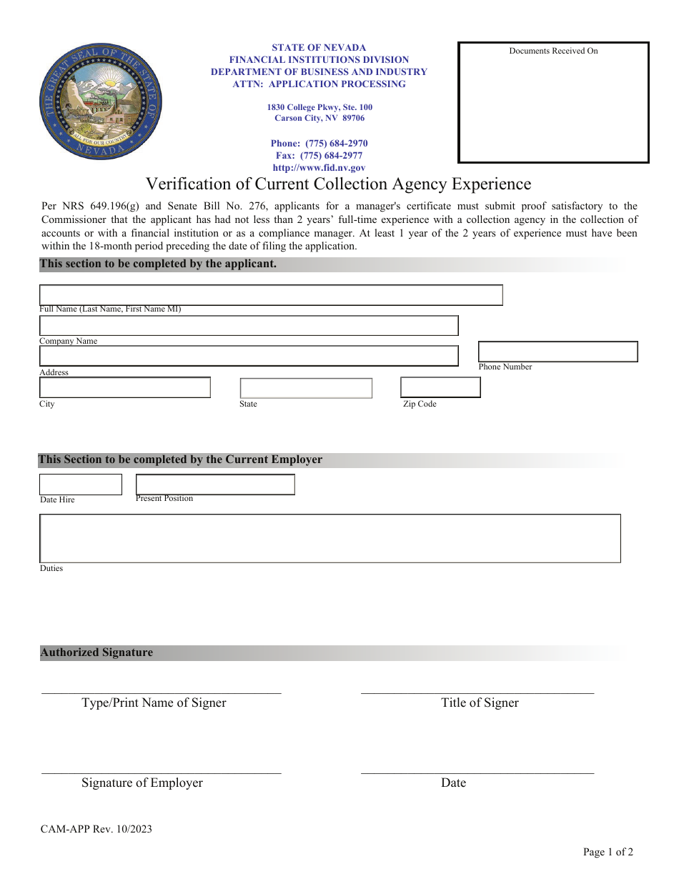 Verification of Current Collection Agency Experience - Nevada, Page 1