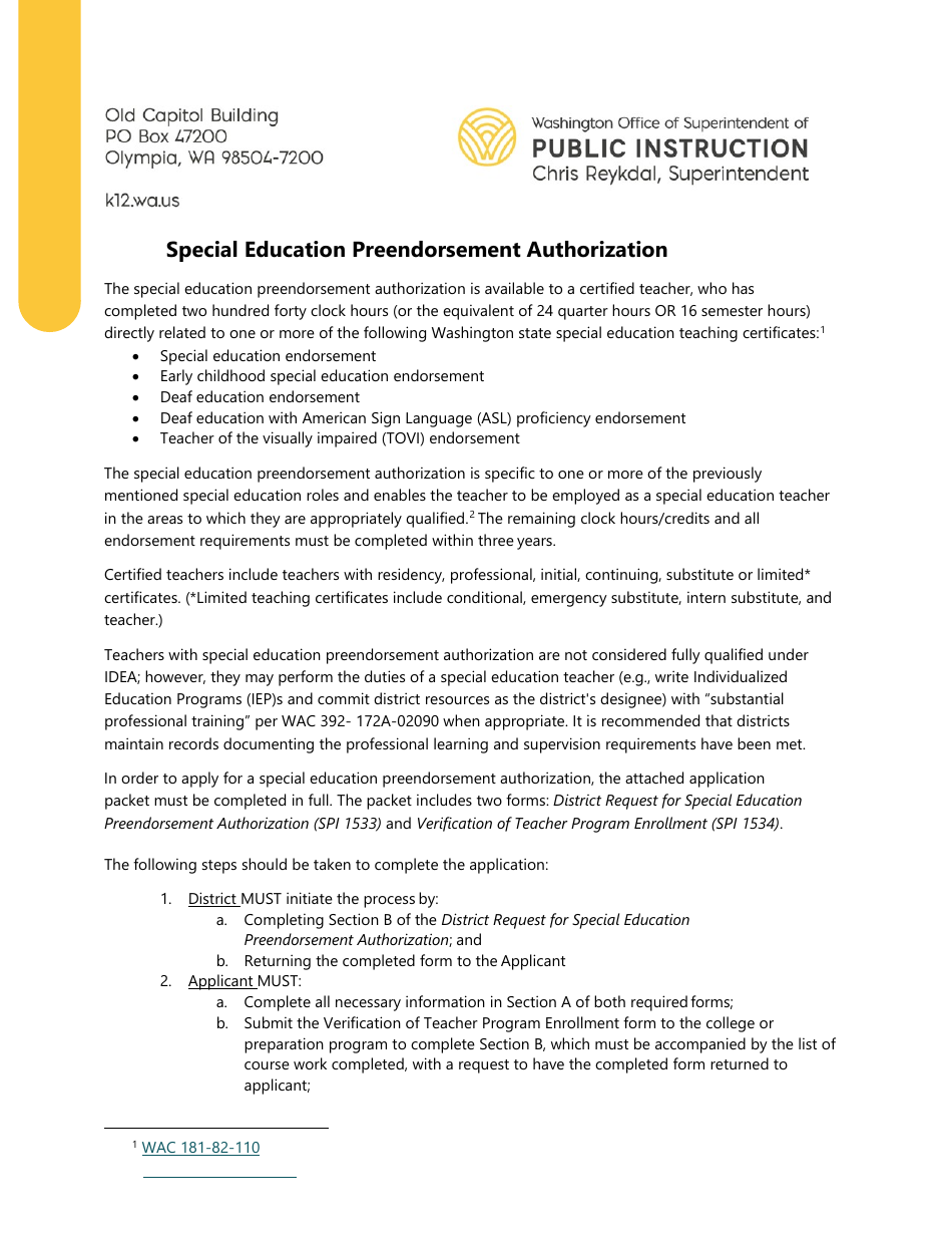 Form SPI1533 District Request for Special Education Preendorsement Authorization - Washington, Page 1