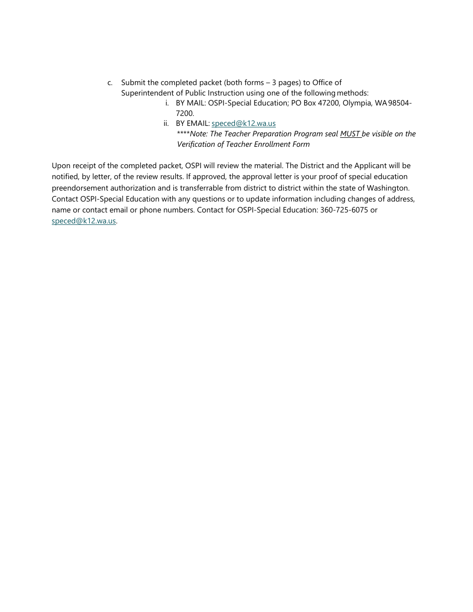 Form SPI1533 District Request for Special Education Preendorsement Authorization - Washington, Page 2