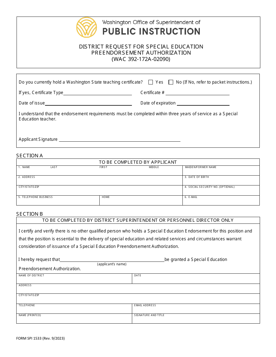 Form SPI1533 District Request for Special Education Preendorsement Authorization - Washington, Page 3