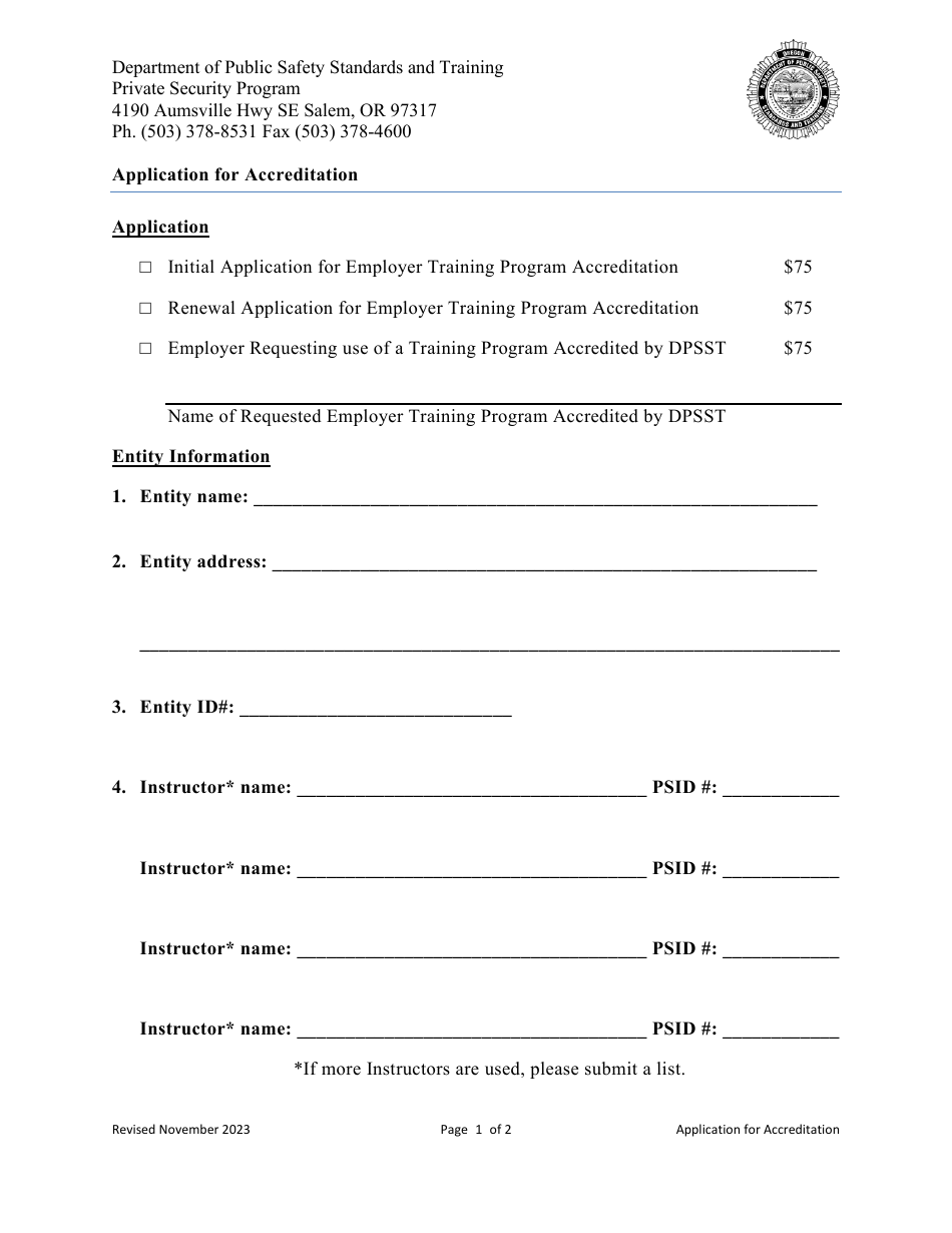 Application for Accreditation - Private Security Program - Oregon, Page 1