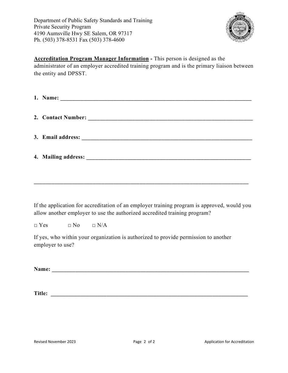 Application for Accreditation - Private Security Program - Oregon, Page 2